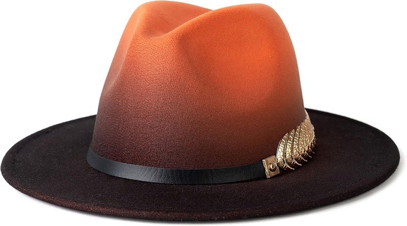 Gossifan Women Gradient Color Fedora Wide Brim Felt Panama Hat with Belt Buckle - Image 1